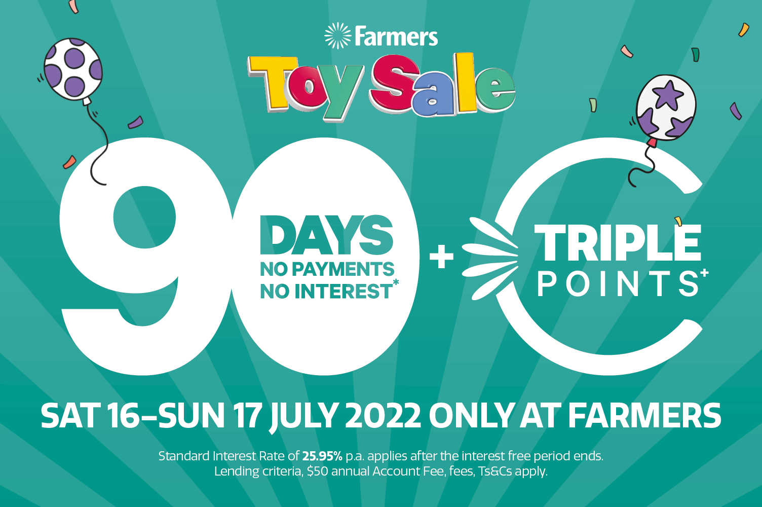 Triple points Plus 90 Days this weekend at Farmers Sat 16 - Sun 17 July