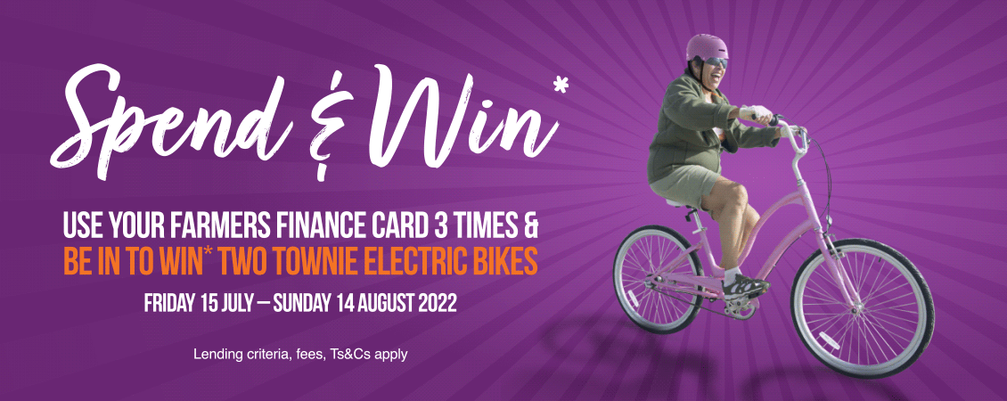 Shop with your Farmers Finance Card 3 times and be in to win* 2 Electric Townie bikes Shop and win 2 Electric Townie bikes